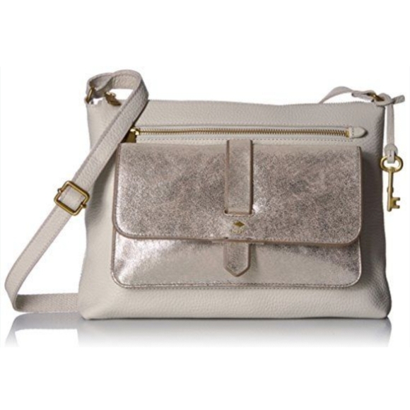 Fossil Handbags - Fossil Kinley Medium Crossbody Ivory Pale Gold Metallic Pebbled‎ Leather